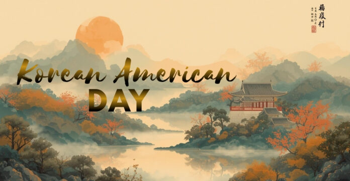 A scenic artwork for Korean American Day featuring a tranquil landscape with mountains, a calm lake, and a traditional building. The scene is bathed in warm autumn tones with orange trees and soft mist, overlaid by the bold text ‘Korean American Day’ in a flowing script.