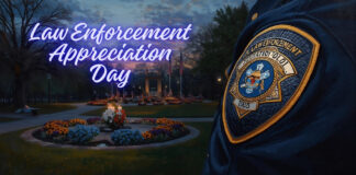 Law Enforcement Appreciation Day: Honoring Police Officers A park at dusk with a flower bed and a memorial, overlaid with a large blue-and-white text that reads ‘Law Enforcement Appreciation Day,’ and a close-up of a police badge on the right shoulder of an officer
