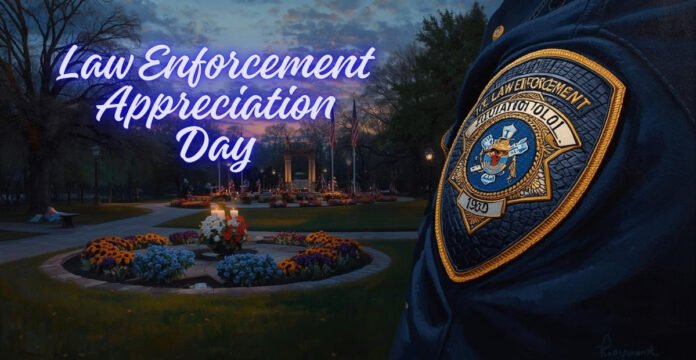 A park at dusk with a flower bed and a memorial, overlaid with a large blue-and-white text that reads ‘Law Enforcement Appreciation Day,’ and a close-up of a police badge on the right shoulder of an officer