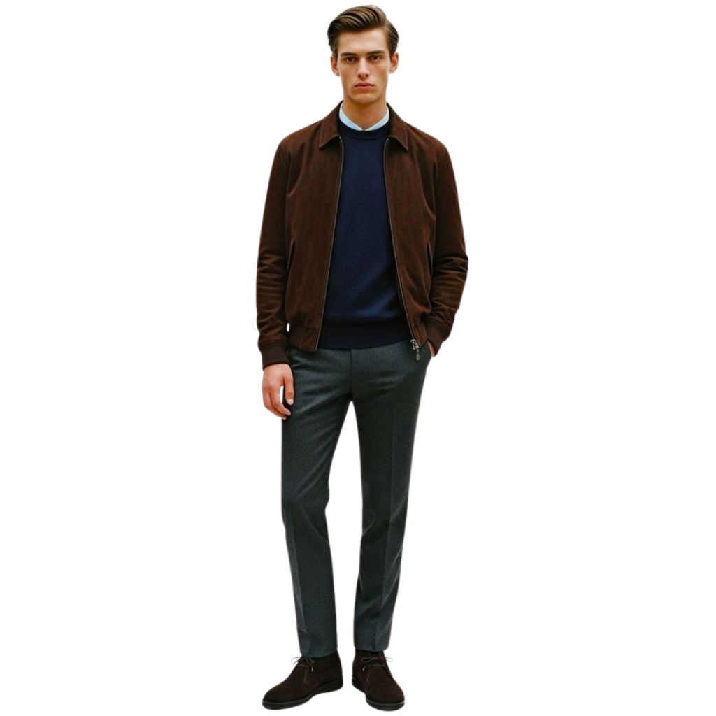 A tall man stands facing forward wearing a brown bomber jacket over a navy sweater, gray dress pants, and dark brown shoes.