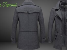 Two dark gray layered topcoats displayed side by side: a slim, buttoned-back view on the left and a front view with multiple pockets and a zippered inner layer on the right, set against a dark gradient backdrop with lime-green cursive text reading 'Layering Topcoat' in the top-left corner. Layering Topcoat