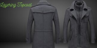 Layering Topcoat: Smart Style for Versatile Winter Outfits Two dark gray layered topcoats displayed side by side: a slim, buttoned-back view on the left and a front view with multiple pockets and a zippered inner layer on the right, set against a dark gradient backdrop with lime-green cursive text reading 'Layering Topcoat' in the top-left corner. Layering Topcoat