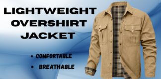 Lightweight Overshirt Jacket for Everyday Style Comfort Wear Beige lightweight overshirt jacket with plaid lining visible at collar and cuffs, displayed on a blue abstract background.