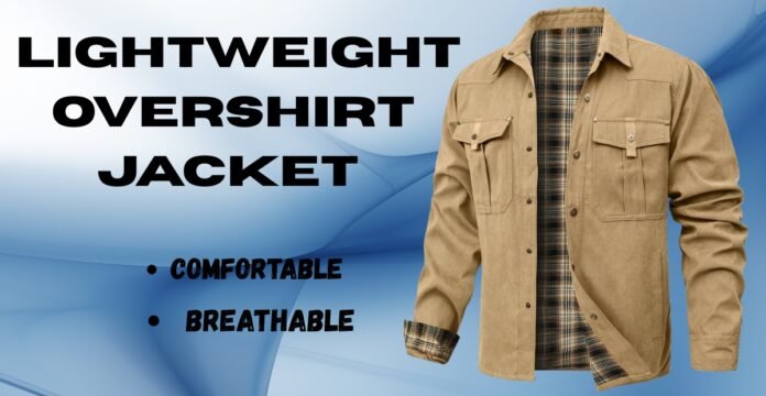 Beige lightweight overshirt jacket with plaid lining visible at collar and cuffs, displayed on a blue abstract background.