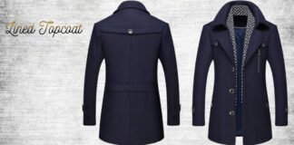 Lined Topcoat: Warmth, Comfort, and Timeless Winter, Style. Two navy lined topcoats displayed: a back view of a knee-length coat and a front view showing a zip pocket and patterned lining inside the collar. Lined Topcoat