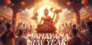 Mahayana New Year – Traditions, Meaning & Spiritual Growth A large Buddha statue central in a sacred hall, surrounded by worshipers and lanterns, with the words “MAHAYANA NEW YEAR” in bold at the bottom.
