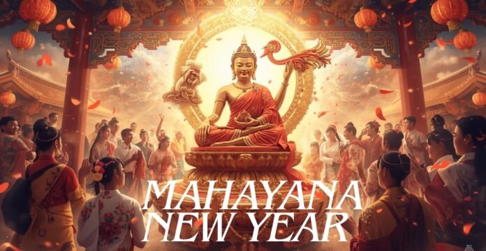 A large Buddha statue central in a sacred hall, surrounded by worshipers and lanterns, with the words “MAHAYANA NEW YEAR” in bold at the bottom.