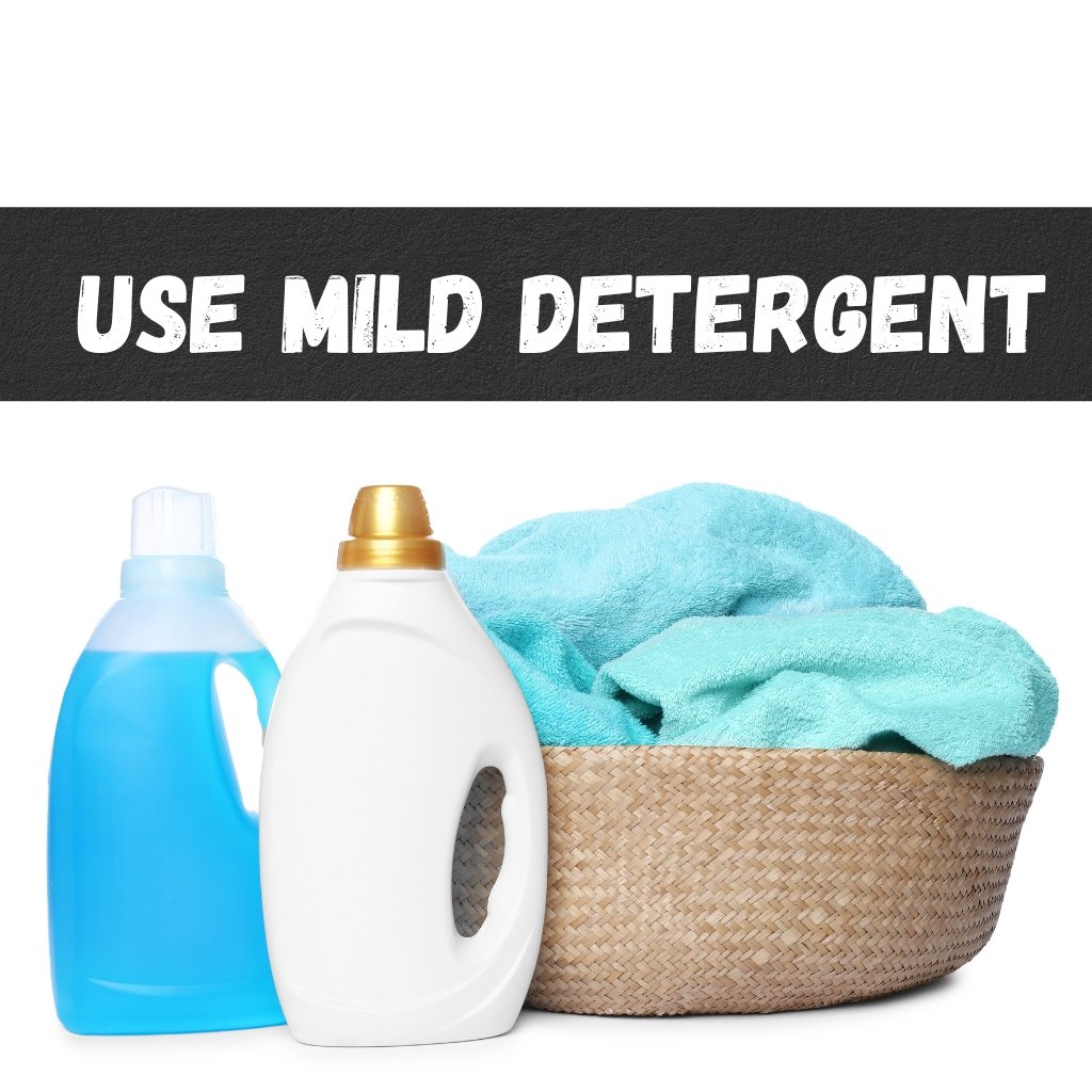 Hardshell Rain Jackets for Extreme Weather Protection 6 Laundry detergents and a woven basket with a turquoise towel, against a white background. A bold banner at the top reads ‘USE MILD DETERGENT.’