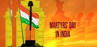 Martyrs’ Day: History, Significance & National Tribute "Commemorative image for Martyrs' Day in India showing the Indian flag draped over a rifle with a helmet, in front of a sunset backdrop featuring the India Gate silhouette and the map of India." Martyrs’ Day