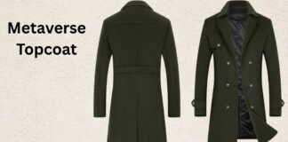 Metaverse Topcoat Explained: Style, Comfort, and Innovation. A dark green Metaverse topcoat shown from the back on the left and from the front on the right, displaying a double-breasted front with a black lining and silver buttons. Metaverse Topcoat