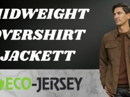 Advertisement image showing a midweight overshirt jacket and the words 'Midweight Overshirt Jacket' with a man wearing a brown jacket on the right; 'Eco-Jersey' logo at the bottom.