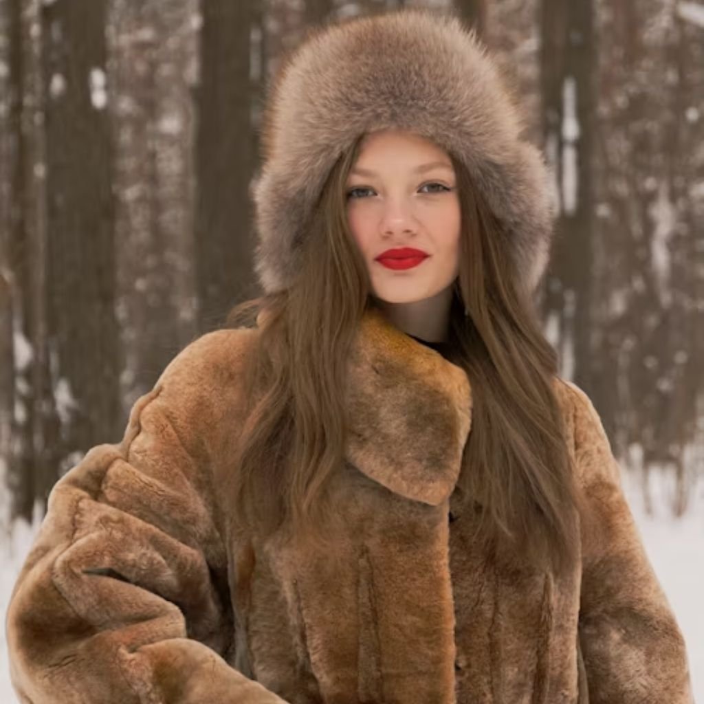 Alt text: A young woman with long brown hair and bright red lipstick stands in a snowy forest, wearing a large fur hat and a matching fur coat. She is seen from the waist up.
Ethical Winter Outerwear Coat:

