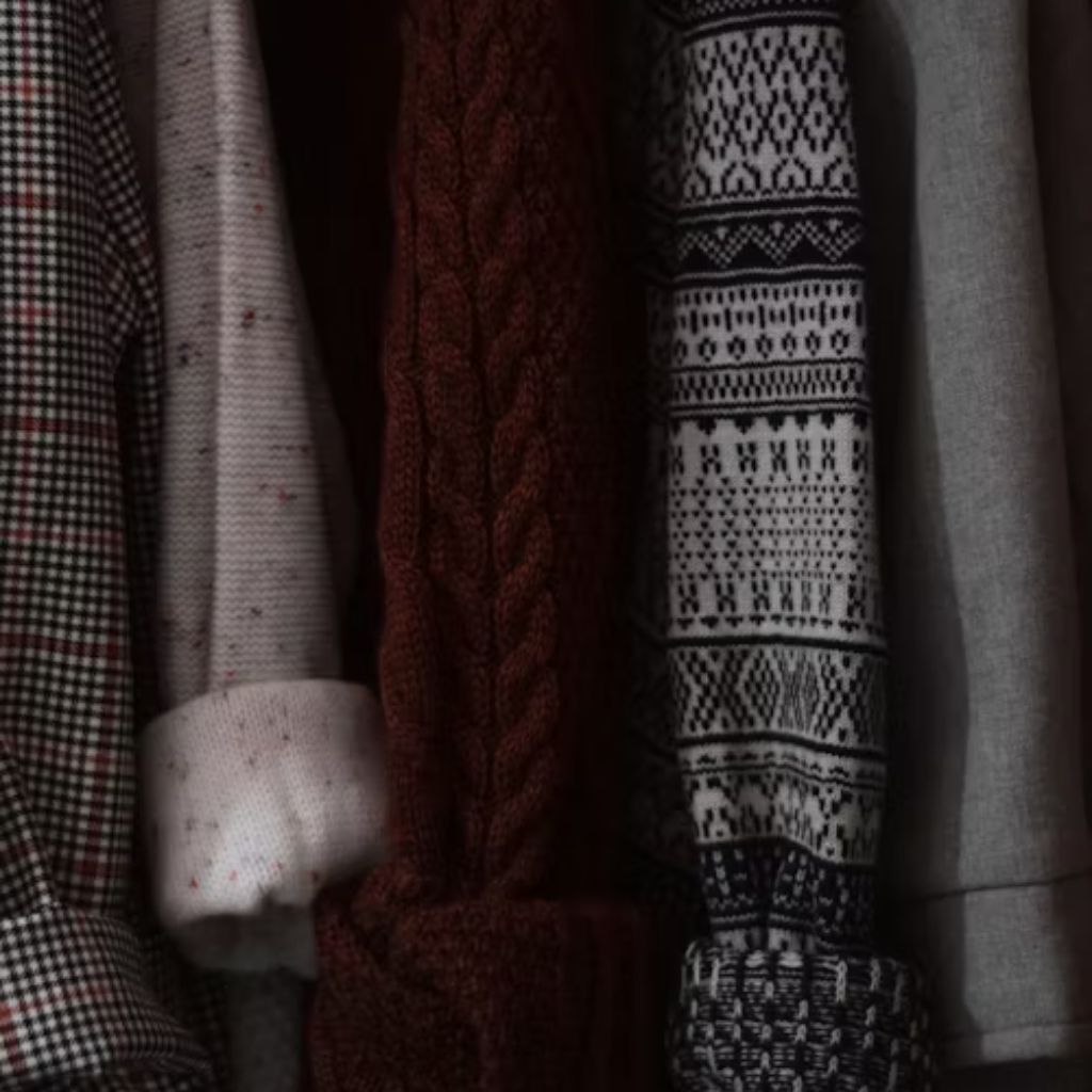 Close-up of a row of folded winter sweaters and coats in various patterns and textures, including plaid, cable-knit, Fair Isle, and solid gray, hanging side by side.Warmest Fabrics for Winter Clothing:
