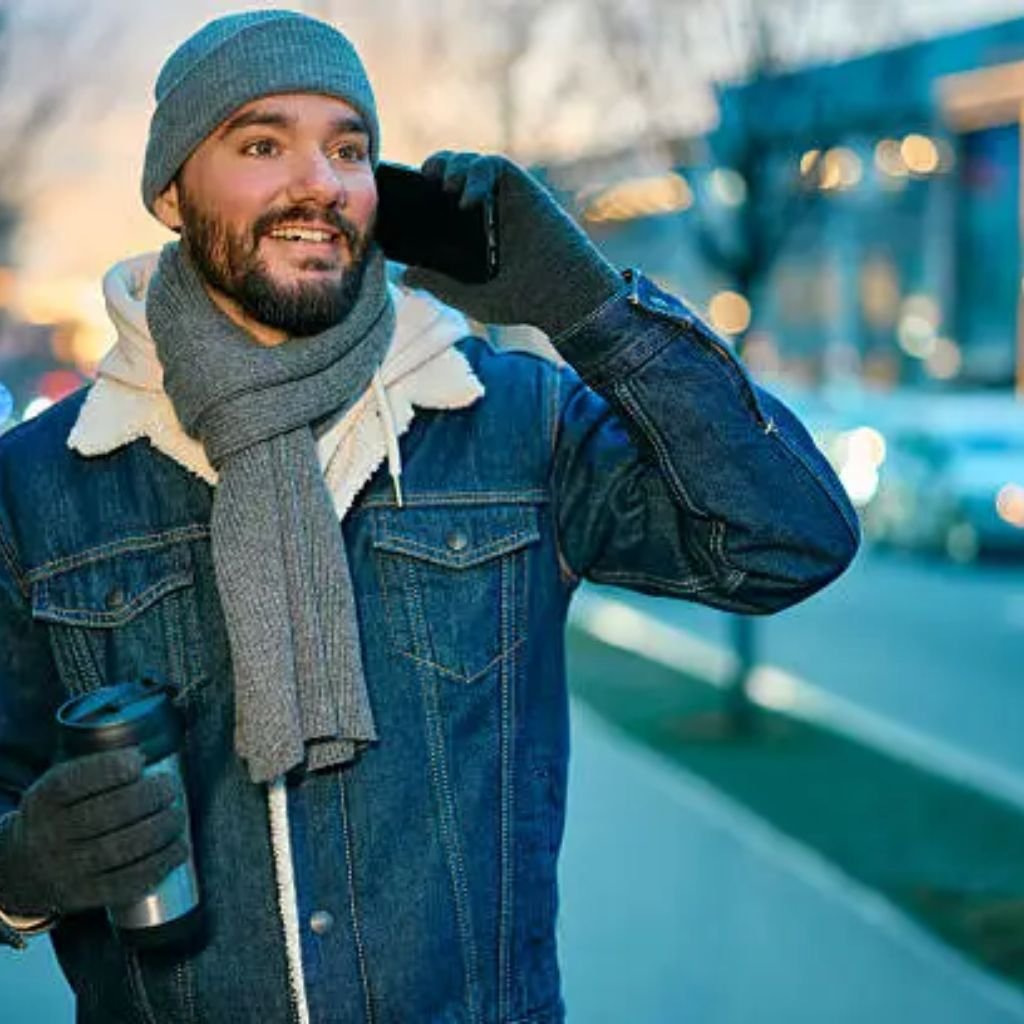 A man outdoors in winter attire, wearing a gray beanie, scarf, denim jacket with a shearling collar, gloves, and holding a tumbler while talking on a cellphone.
Sustainable Winter Fabrics for 2025:
