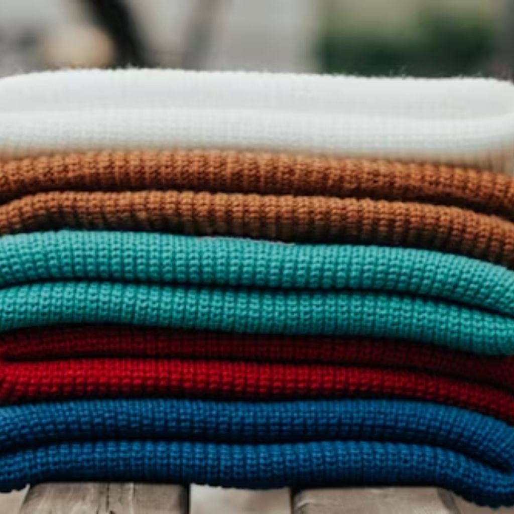 Close-up of a stack of folded knit sweaters in various colors (white, tan, teal, red, and blue) on a wooden surface.
Sustainable Winter Fabrics for 2025: