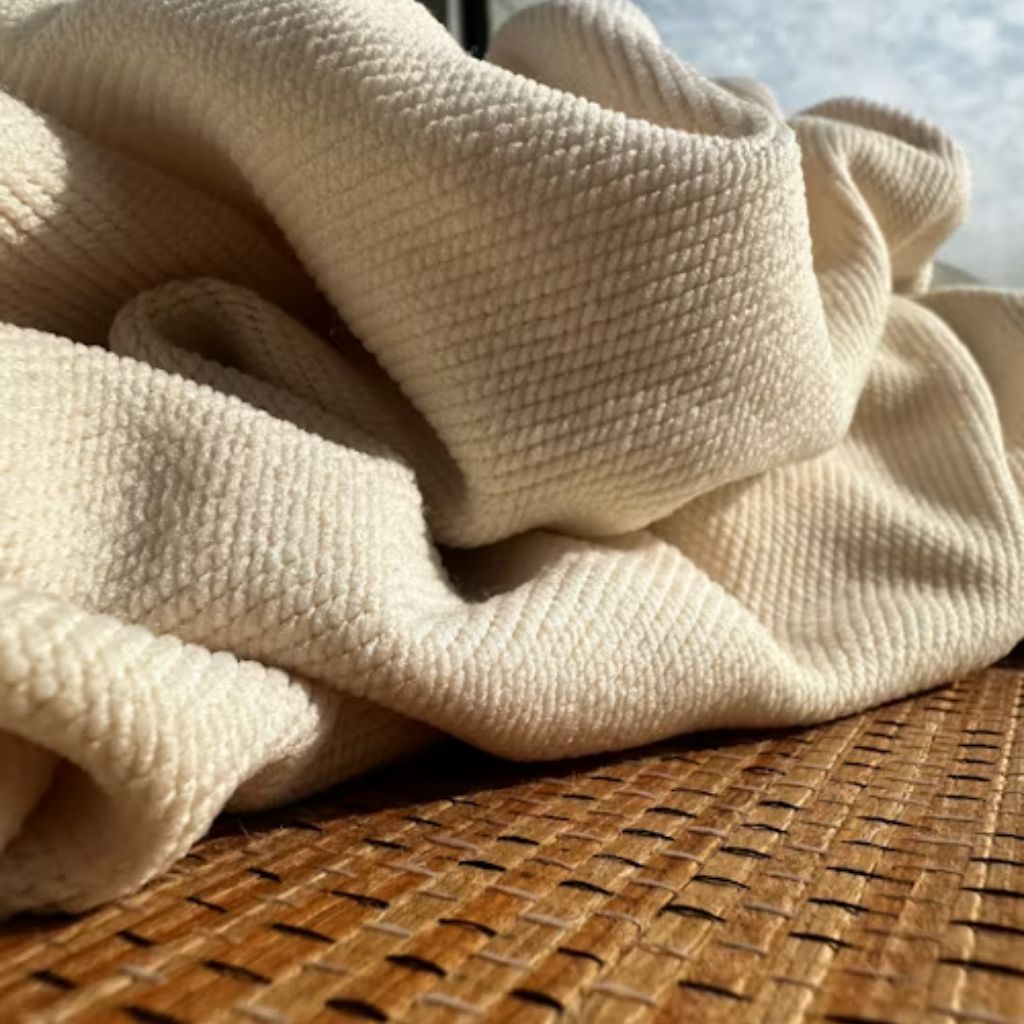 Close-up of cream-colored textured fabric (terry or knit) draped and folded over a woven surface.
Windproof Winter Fabric Material Guide: