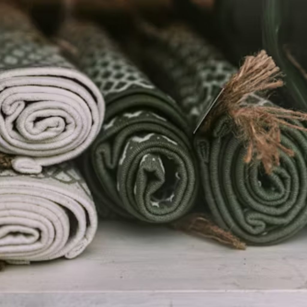 Alt text: “Rolled fabric textiles in neutral tones (light gray and olive green) with a small bundle of brown fibers resting on top.”

Vegan Winter Fabric Explained: