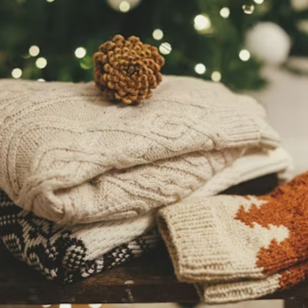 A cozy winter scene featuring folded knit sweaters in cream and beige tones stacked on a dark wooden surface, with a pinecone on top and soft bokeh lights in the blurred holiday background.Warmest Fabrics for Winter Clothing:
