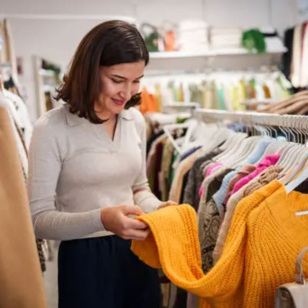 A woman in a light gray top browses a clothing rack, holding a bright orange knitted garment in a store.
Sustainable Winter Fabrics for 2025: