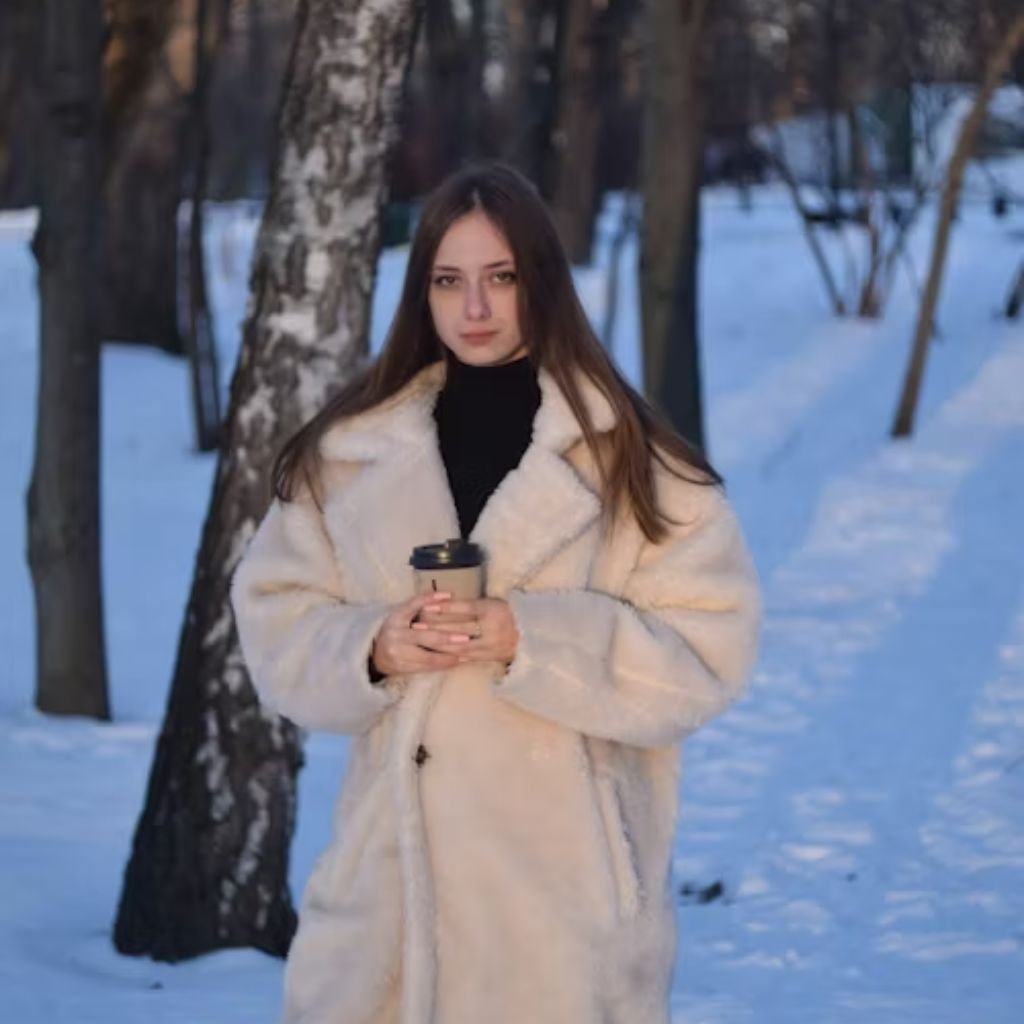 Alt text: A young woman stands in a snowy park holding a coffee cup. She wears a cream-colored fluffy coat and a black turtleneck, with birch trees and snow on the ground in the sunlit background.

Ethical Winter Outerwear Coat: