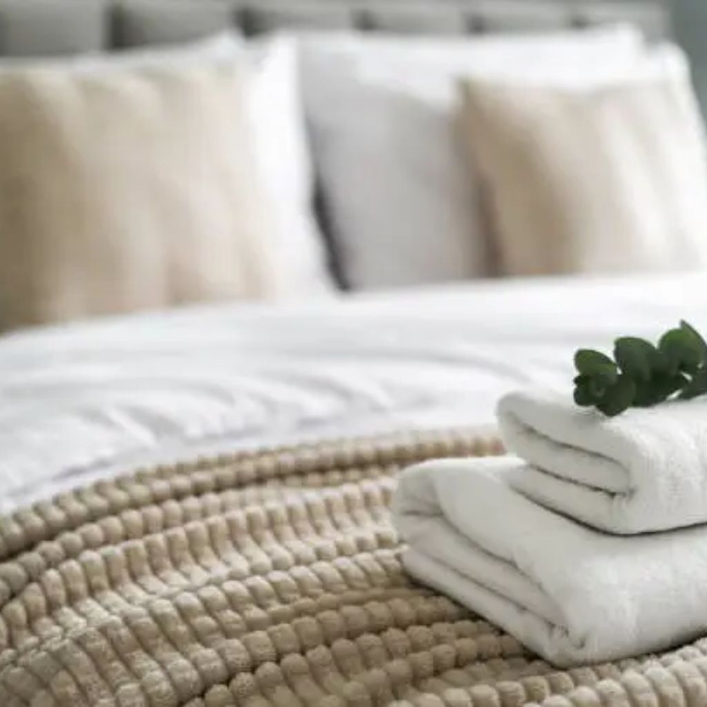 A neatly made bed with piles of white towels stacked on a textured beige blanket, with a small green plant resting on top. The background shows soft neutral pillows.
Blankets and Bedding fabic