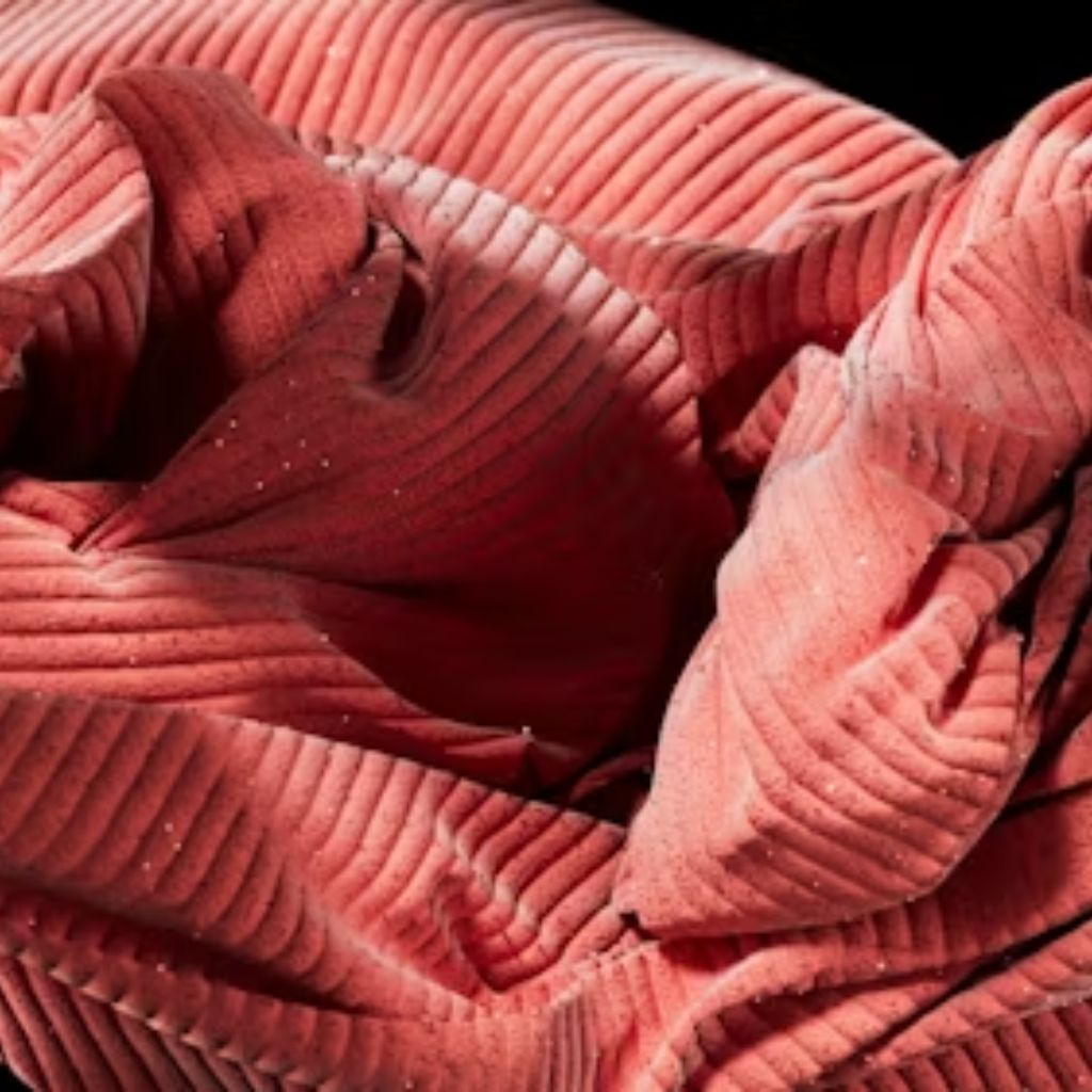 What Is Thermal Fabric? Features, Uses, and Buying Tips 8 Close-up of pinkish-red corduroy fabric with vertical ribs and soft folds.”What Is Thermal Fabric?