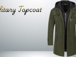Military-style olive green topcoat with a zip closure and hood, displayed against a light gradient background with the words ‘Military Topcoat’ in cursive on the left. Military Topcoat