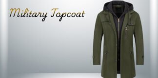 Military Topcoat: Timeless Power, Structure and Winter Style Military-style olive green topcoat with a zip closure and hood, displayed against a light gradient background with the words ‘Military Topcoat’ in cursive on the left. Military Topcoat