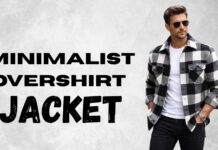 Minimalist Overshirt Jacket: Clean Style for Modern Wear A stylish man wearing a black-and-white checkered overshirt jacket over a white T-shirt and black pants, standing against a gray concrete wall. The large bold text on the left reads MINIMALIST OVERSHIRT JACKET.