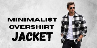Minimalist Overshirt Jacket: Clean Style for Modern Wear A stylish man wearing a black-and-white checkered overshirt jacket over a white T-shirt and black pants, standing against a gray concrete wall. The large bold text on the left reads MINIMALIST OVERSHIRT JACKET.