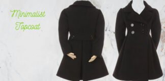Minimalist Topcoat: Clean Design, Timeless Style & Elegance. A stylish black minimalist topcoat displayed on a mannequin, shown from both back and front views. Minimalist Topcoat