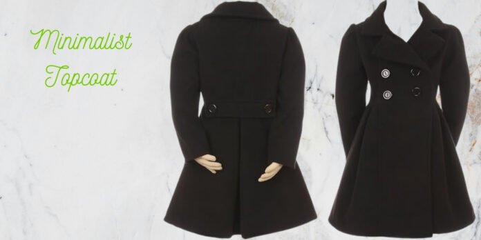 A stylish black minimalist topcoat displayed on a mannequin, shown from both back and front views. Minimalist Topcoat