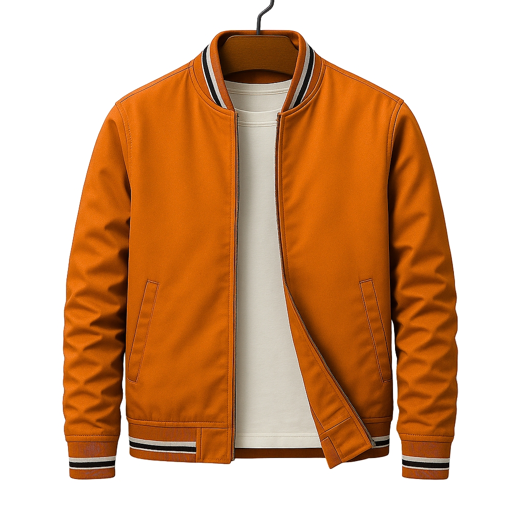 Orange bomber jacket on a hanger, front view, with striped ribbed cuffs and collar, zipper closure, and side pockets.