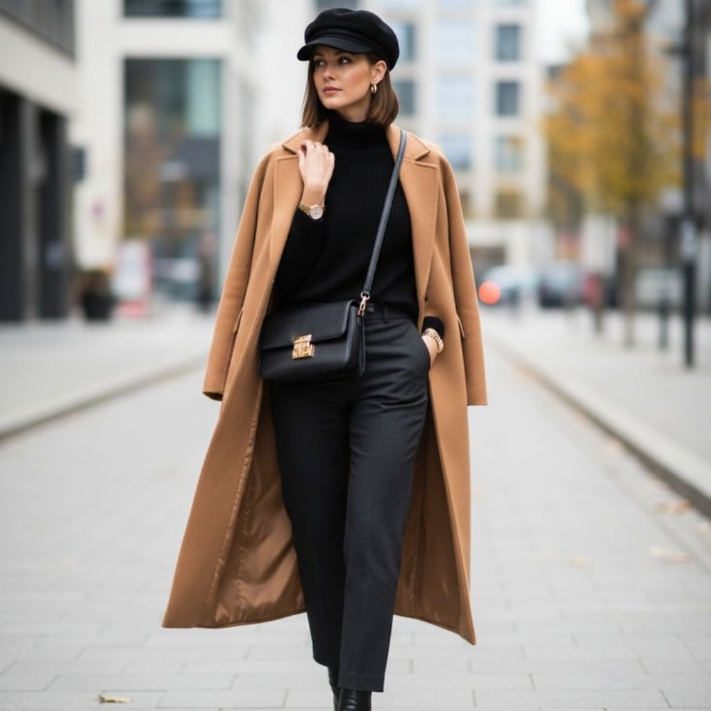 Paletot Topcoat The Timeless Overcoat Every Gentleman Needs 6 A stylish woman walks down a city street wearing a tan long coat over a black turtleneck and black trousers. She has a black crossbody bag, a black newsboy cap, and black ankle boots. She looks to the side as she strides confidently.