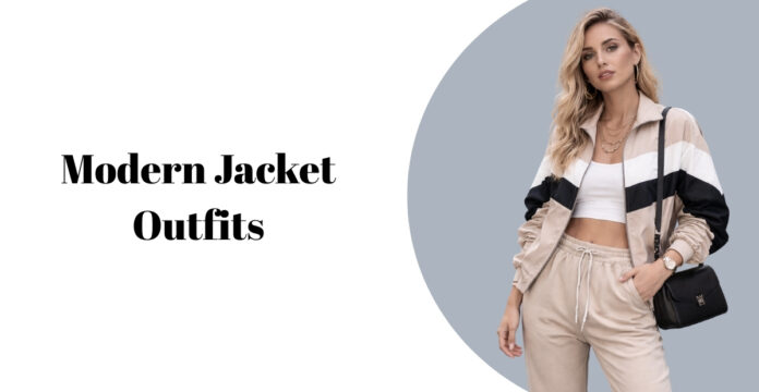 A fashion banner showing a woman in a beige and black color-block jacket with matching jogger pants, white crop top, and a black shoulder bag against a light gray circular backdrop. Left side reads ‘Modern Track Jacket Outfits’ in bold serif typography.
