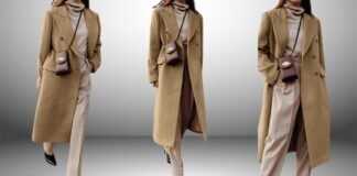 Mustard Topcoat: A Stylish Winter Essential for Modern Men. Three angles of a woman wearing a long mustard-tan overcoat over a high-neck sweater and light tan pants. She carries a small brown purse slung around her neck; black shoes complete the outfit. A grey gradient backdrop. Mustard Topcoat