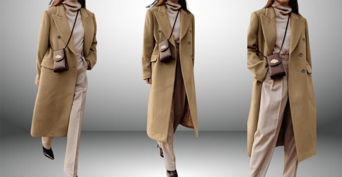 Three angles of a woman wearing a long mustard-tan overcoat over a high-neck sweater and light tan pants. She carries a small brown purse slung around her neck; black shoes complete the outfit. A grey gradient backdrop. Mustard Topcoat