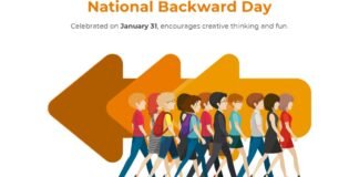 National Backward Day: Meaning, History & Fun Ways Celebrate A playful illustration shows a diverse group of people walking from right to left in front of large left-pointing orange arrows. The scene promotes National Backward Day, with the title visible above.