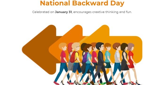 A playful illustration shows a diverse group of people walking from right to left in front of large left-pointing orange arrows. The scene promotes National Backward Day, with the title visible above.