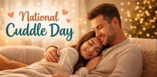 National Cuddle Day – Celebrate Love, Warmth, and Connection A cozy scene for National Cuddle Day showing a smiling couple cuddled on a couch under warm lights. The text “National Cuddle Day” is stylishly written in teal and brown at the top left.