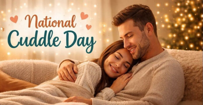 A cozy scene for National Cuddle Day showing a smiling couple cuddled on a couch under warm lights. The text “National Cuddle Day” is stylishly written in teal and brown at the top left.
