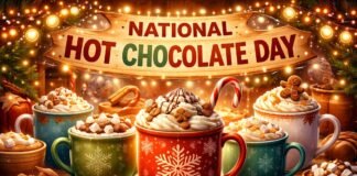 National Hot Chocolate Day: History, Meaning & How Celebrate A cozy festive scene for National Hot Chocolate Day. In the foreground, several colorful mugs of hot chocolate are topped with whipped cream, marshmallows, candy, and gingerbread. The mugs, each with winter-themed designs, sit on a wooden surface. In the background, a wooden sign reads “National Hot Chocolate Day” amid twinkling fairy lights and pine branches, creating a warm holiday atmosphere.