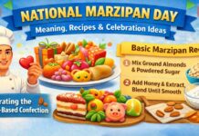 National Marzipan Day: Meaning, Recipes & Celebration Ideas A colorful banner-style infographic for National Marzipan Day. Left side shows a cheerful chef holding a heart, with a platter of assorted marzipan and desserts. The right side features a “Basic Marzipan Recipe” panel with steps and ingredients. Bright banners and confetti decorate the scene.