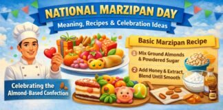 National Marzipan Day: Meaning, Recipes & Celebration Ideas A colorful banner-style infographic for National Marzipan Day. Left side shows a cheerful chef holding a heart, with a platter of assorted marzipan and desserts. The right side features a “Basic Marzipan Recipe” panel with steps and ingredients. Bright banners and confetti decorate the scene.