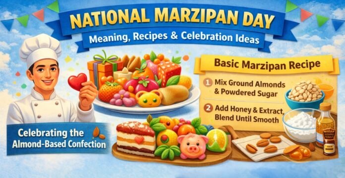 A colorful banner-style infographic for National Marzipan Day. Left side shows a cheerful chef holding a heart, with a platter of assorted marzipan and desserts. The right side features a “Basic Marzipan Recipe” panel with steps and ingredients. Bright banners and confetti decorate the scene.