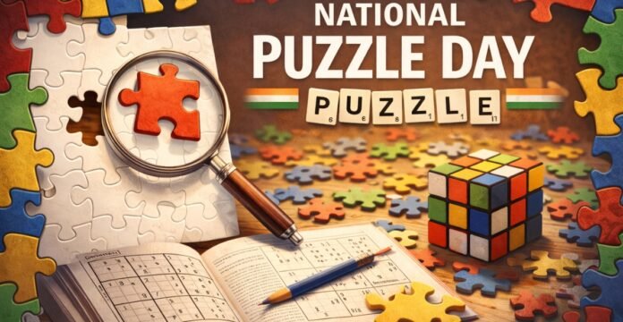 A lively desk scene celebrating National Puzzle Day: scattered colorful puzzle pieces, a magnifying glass over a red puzzle piece on a partially completed jigsaw, a colorful Rubik’s Cube, and an open Sudoku book with a pencil resting on it, all on a wooden surface.