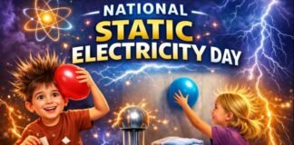 National Static Electricity Day: Science & Fun Experiments Two children play with colorful balls in front of a dynamic backdrop featuring lightning and electric sparks, promoting National Static Electricity Day