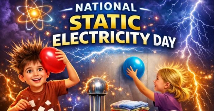 Two children play with colorful balls in front of a dynamic backdrop featuring lightning and electric sparks, promoting National Static Electricity Day