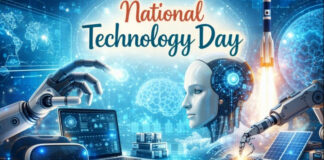 National Technology Day – Celebrating Innovation and Progress A vibrant banner for National Technology Day featuring futuristic robotics and a humanoid robot with neural circuitry. A robotic hand hovers above a laptop while another arm processes a glowing light, with the text “National Technology Day” at the top in red and blue.