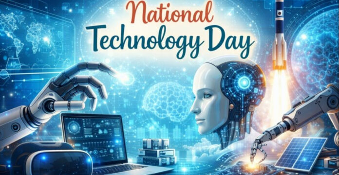 A vibrant banner for National Technology Day featuring futuristic robotics and a humanoid robot with neural circuitry. A robotic hand hovers above a laptop while another arm processes a glowing light, with the text “National Technology Day” at the top in red and blue.